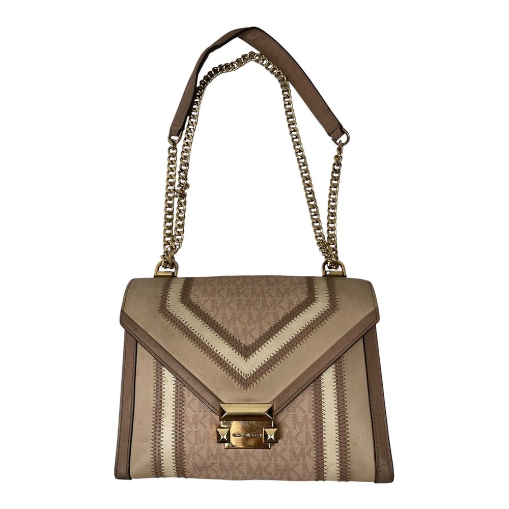 Michael Kors Small Pink Beige Monogram Crossbody Chain Strap Turn Lock Zip